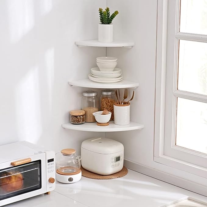 Corner Shelf, White Floating Corner Shelf, Set of 2 7inch Solid Oak Wood Corner Wall Shelves, Round End Wall Mount Display Shelf with Wire Hole for Small Plant for Bedroom Kitchen, Living Room