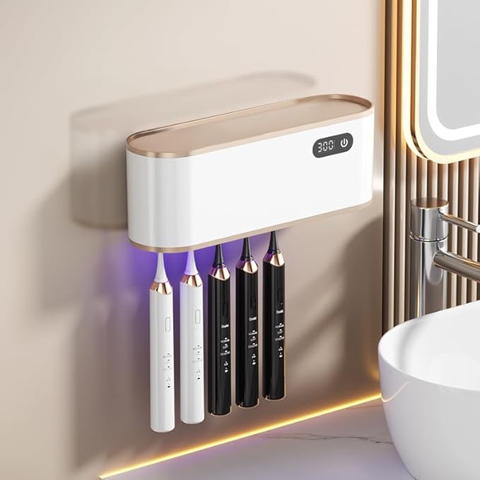 UV Toothbrush Sanitizer Holder for 4 | Wall Mounted Toothbrush Holder for Bathroom with Fan Drying | USB Rechargeable Toothbrush Cleaner & Sterilizer, No Drill Install, Modern Design (White Ⅱ)