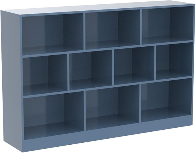 IOTXY Open Shelf Low Bookcase - Wooden 3-Tier Floor Standing Display Cabinet Organizer with Base, 10 Cubes Short Horizontal Bookshelf in Bright Blue