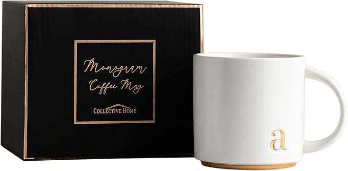 COLLECTIVE HOME - Monogram Ceramic Mugs, 15 oz Golden Initial Coffee Cups, Elegant Alphabet Tea Mugs, Elegant Personalized Mug with Gift Box, Luxurious Cups for Office and Home (a)