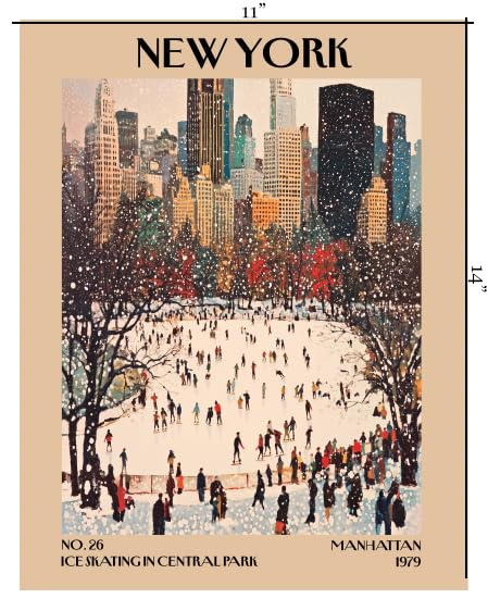 Retro Vintage New York Wall Art Print - 11x14 Unframed Poster - New York City Souvenirs, Cute Trendy Colorful Wall Decor (Ice Skating in Central Park, 11x14")