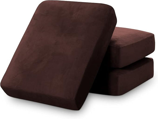 PrinceDeco Velvet Sofa Cushion Covers, Stretch Couch Cushion Covers for Individual Seat Couch Slipcover Sets Furniture Protector for Loveseat Sofa Cushion(Each Width Up to 29.5", Brown)