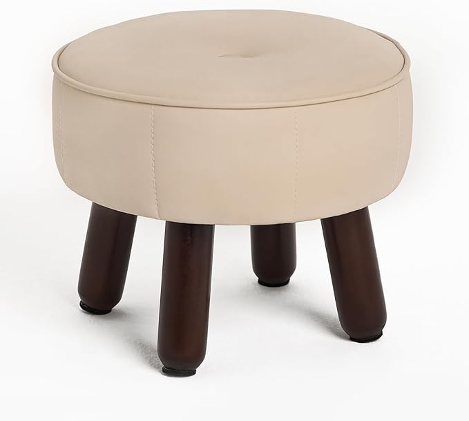 13in Small Foot Stool Ottoman, Round Faux Leather Foot Rest for Couch, Under Desk Pouf Footstool Footrest with Non-Skid Rubber Legs for Ling Room, Bedroom, 13''L x 13''W x 10.2''H, Beige