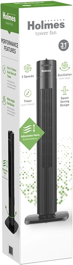 Holmes 31" Manual Tower Fan, 70° Oscillation, 3 Speeds, 2-Hour Auto Shut-Off Timer, Adjustable Vents, Compact and Slim Profile, Carry Handle, Ideal for Cooling your Home, Bedroom or Office, Black