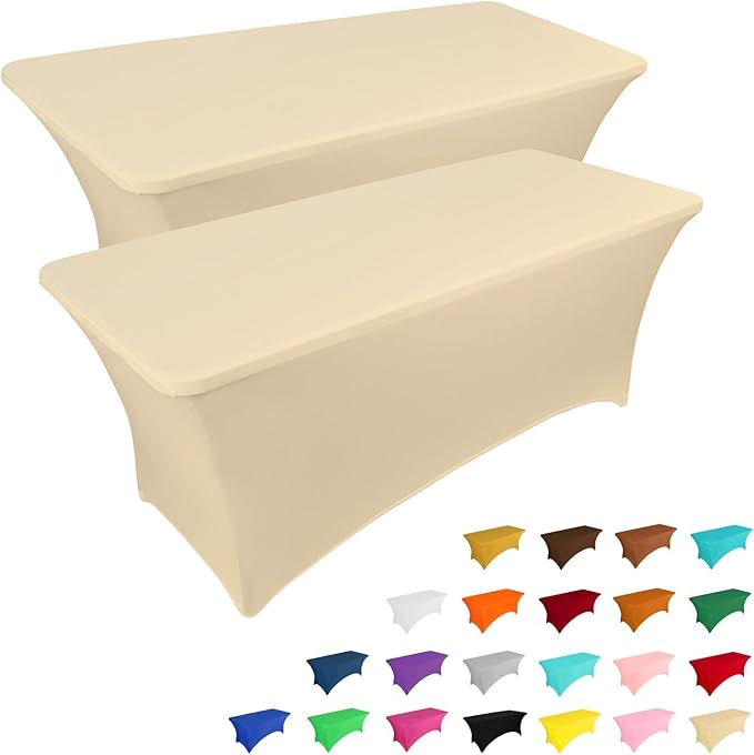 IVAPUPU 2 Pack 4FT Table Cloth for Rectangular Fitted Events Stretch Champagne Table Covers Washable Cover Spandex Tablecloth Protector for Party, Wedding, Cocktail, Banquet, Festival