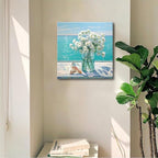 Bathroom Decor Ocean Daisy Flower Canvas Wall Art Coastal Nautical Seashell Seascape Framed Picture Ocean Theme Seascape Painting Artwork for Bedroom Home Decoration Square Blue 14x14"