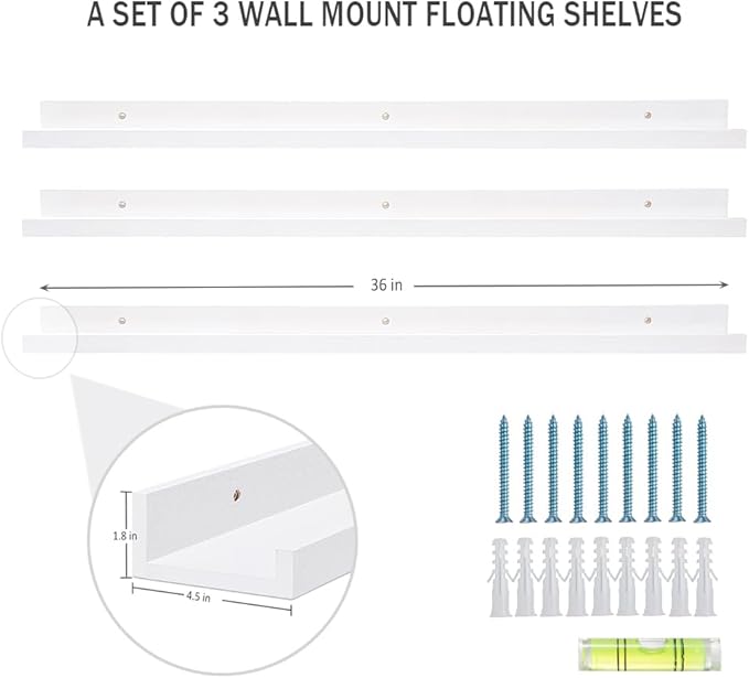 AZSKY 36 Inch Floating Shelves with Ledge White Natural Wood Picture Ledge Shelf 3 Pack Floating Shelf Picture Frame Holder for Bedroom Bathroom Living Room Kitchen Same Sizes