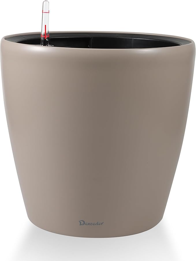 Dexceder 13x12 Self Watering Planter with Wheels Indoor Outdoor, Inner Pot Design, Thickened Large Floor Standing Flower Plant Pot with Water Level Indicator (Taupe Matte)