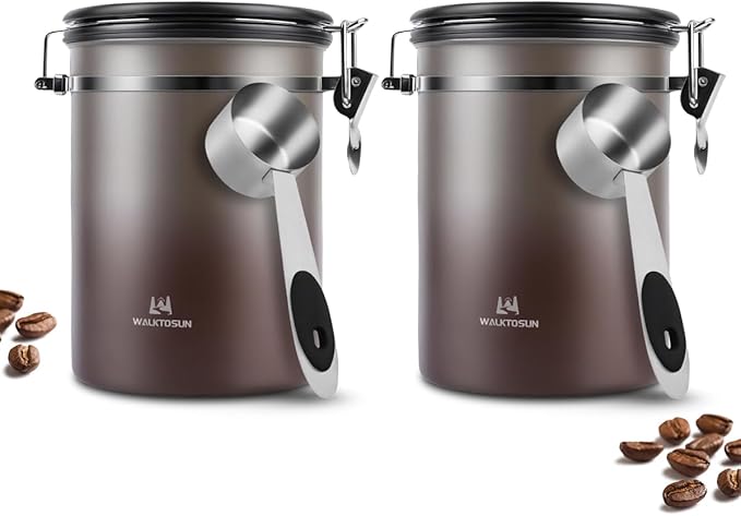 Coffee Canister Airtight Storage Container Stainless Steel Coffee Jar with Scoop,Date Tracker CO2 Release Valve for Dry Food Beans Ground Tea Flour Cereal and Sugar (1.8L Grey-Brown With Spoon(2pcs))