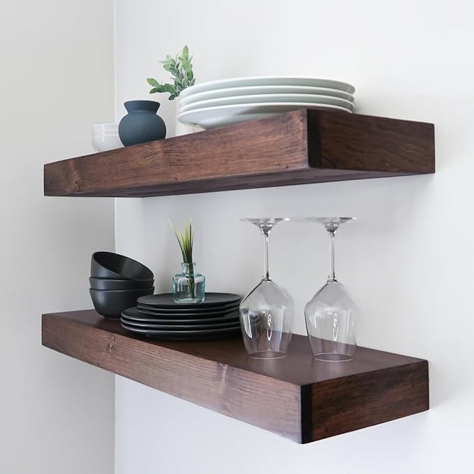 Modern Floating Shelves 3 Inches Thick for Wall, Wide Shelves for Kitchen, Living Room, Bedroom, and Bathroom, Natural Pine Wood, Rustic Wooden Shelf, (Set of 2) (Provincial, 24Lx3Hx8D)