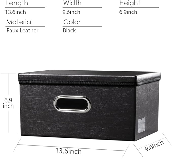PRANDOM Collapsible Storage Box with Lid [1-Pack] Leather Fabric Foldable Storage Bin Organizer Container Basket Cube with Cover for Home Bedroom Closet Office Nursery Black (13.6x9.6x6.9)