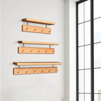 Shelf with Hooks, Solid Wood Bedroom Shelves for Wall, Wooden Coat Rack Wall Mount for Bathroom, Kitchen, Door Entryway (Beech, 38cm/14.96inch)
