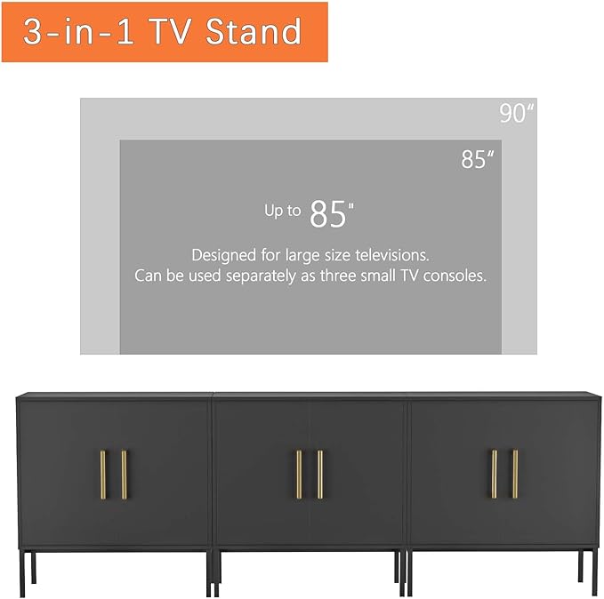 LYNSOM TV Stand for 85 Inch TV, Media Entertainment Center Console Table, 3 Cabinets, TV Console Table with Storage Cabinet for Bedroom, Living Room, Entertainment Room (Black)