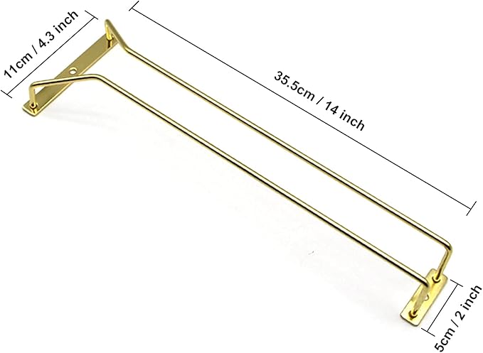 14-Inch Gold Wine Glass Rack, Under Cabinet Wine Glass Holder Stainless Steel Stemware Rack - Hanging Stemware Holder for Cabinet Kitchen Bar, Set of 4