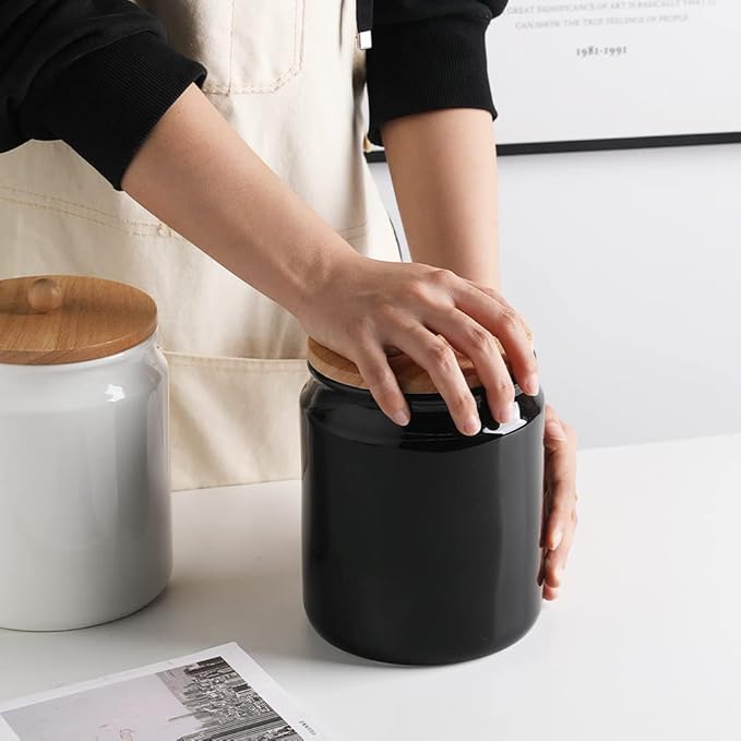 Sweejar Ceramic Kitchen Canisters, 58 FLOZ Porcelain Food Storage Jar with Airtight Seal Wooden Lid, Home Container Serving for Coffee Beans, Tea-leave, Sugar, Salt and More, Tool Bucket (Black)