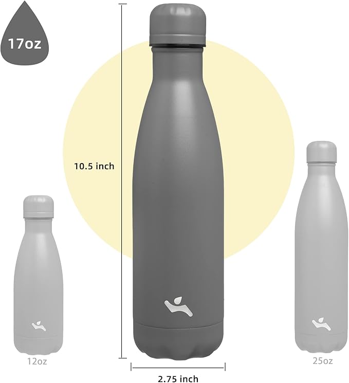 Insulated Water Bottles,17 oz Double Wall Stainless Steel Vacumm Metal Flask for Sports Travel,Gray