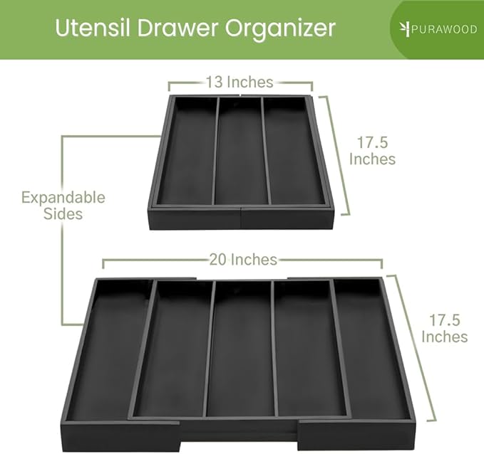 Purawood Kitchen Drawer Organizer - Expandable Utensil Organizer for Kitchen, Cutlery Tray & Silverware Organizer, 3-5 Slots - Bamboo Drawer Organizer for Utensils & Flatware (Black)