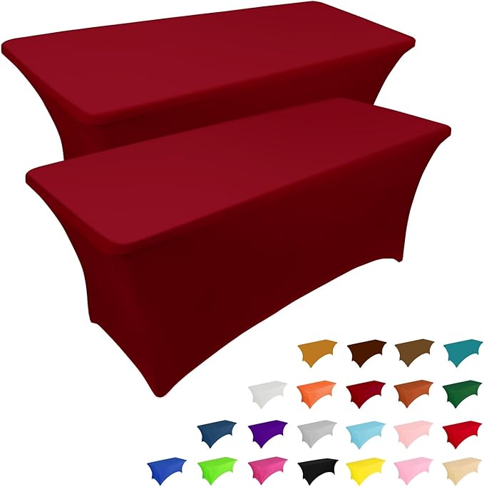 IVAPUPU 2 Pack 6FT Table Cloth for Rectangular Fitted Events Stretch Burgundy Table Covers Washable Spandex Tablecloth Protector for Party, Wedding, Cocktail, Banquet, Festival