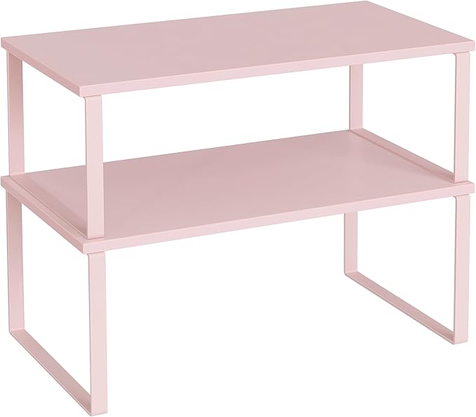 SONGMICS Cabinet Organizer Shelf, Set of 2 Kitchen Counter Shelves, Kitchen Storage, Spice Rack, Stackable, Expandable, Metal and Engineered Wood, Jelly Pink UKCS025S01