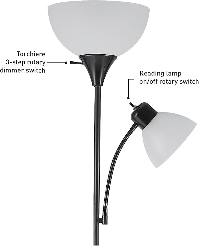 GLOBE Electric 67135 72" Torchiere Floor Lamp and Adjustable Reading Light, Matte Black, Frosted Shade, Dual Rotary Switch, 3-Step Dimming, Modern Lighting for Living Room or Office