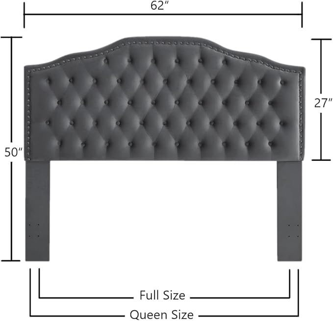 24KF Upholstered Button Tufted Queen/Full Size Headboard with Nailhead Trim, Soft Velvet Fabric - Dark Gray