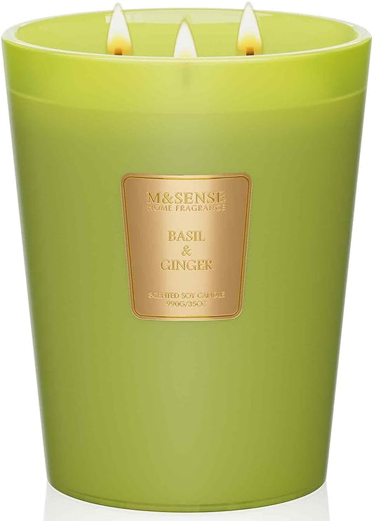 M&SENSE Basil Ginger Scented Candle 35oz 150H Burn Time Long Lasting, 3-Wick Natural Aromatherapy Candle Highly Scented, Home Fragrance Housewarming Gifts