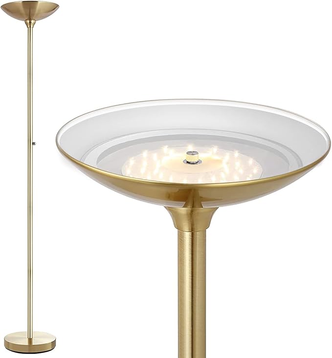 BoostArea Torchiere Floor Lamp Gold, 30W Super Bright LED Standing Lamp, 3000K Stepless Dimmable Pole Lamp with Rotary Switch, 70 Inch Tall Metal Modern Floor Lamps for Living Room/Bedroom/Office/Den