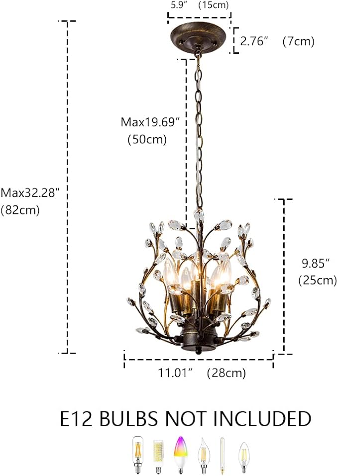 5-Light Vintage Crystal Branch Chandelier Farmhouse Hanging Pendant Light Fixtures for Living Room Dining Room Foyer Kitchen Island Hallway, Aged Bronze