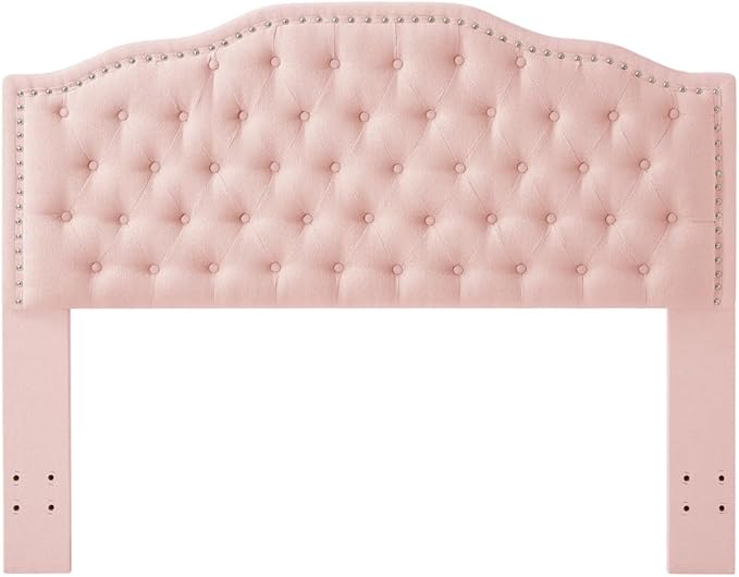 24KF Upholstered Button Tufted Queen Headboard with Nailhead Trim, Elegant Boucle Fabric Full headboard, 6031-Q-Boucle-Pink