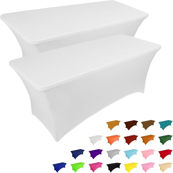 IVAPUPU 2 Pack 6FT Table Cloth for Rectangular Fitted Events Stretch White Table Covers Washable Spandex Spring Tablecloth Protector for Party, Wedding, Cocktail, Banquet, Festival