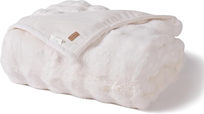 EVERGRACE Ultra Soft Luxury Fluffy Ridgeline Faux Rabbit Fur Throw Blanket, Thick Warm Bubble Throw for Bed, Cozy Plush Reversible Blankets for Couch, Chair, Sofa, Ivory White, 60x80 Inches, 870 GSM