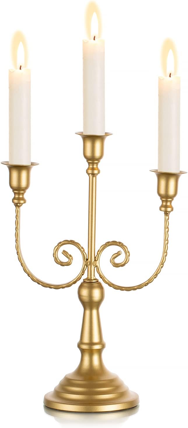 Sziqiqi Gold Taper Candle Holder for Centerpiece - 3-Candle Candlesticks Holder for Wedding Table Centerpieces Metal Candle Stick Holders Fireplace Mantle Decor