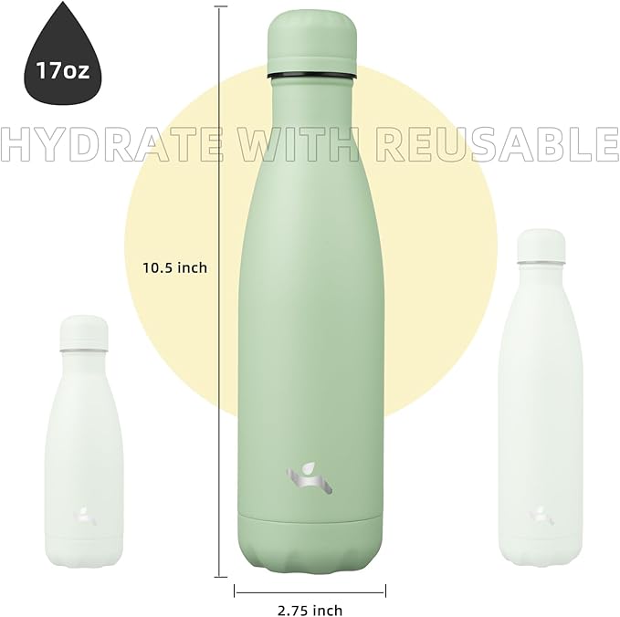Insulated Water Bottles,17 oz Double Wall Stainless Steel Vacumm Metal Flask for Sports Travel,Macaron Green
