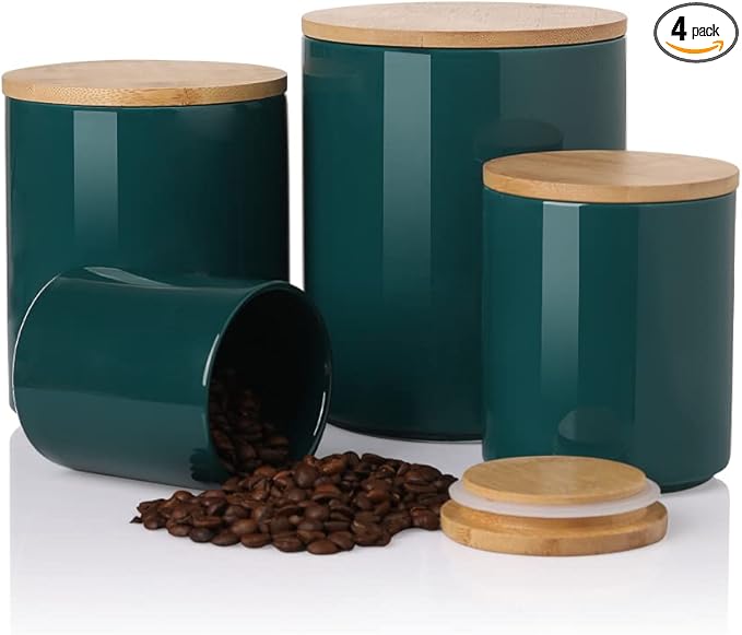 Sweejar Ceramic Canisters Set, Food Storage Jars with Airtight Seal Bamboo Lid, Stackable Containers for Kitchen Counter, Ground Coffee, Flour, Sugar, Cookie, Dog Treats, Candy, Pack of 4 (Jade)