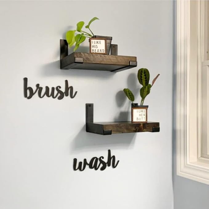Rustic Shelves with J-Brackets Set of 2, Industrial Shelf, Kitchen Shelves, Solid Wood, Decorative Wall Storage, Heavy Duty, URBANDI (Dark Brown, 12Wx12D)