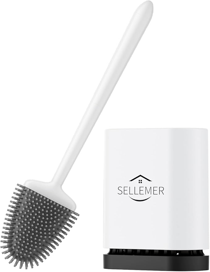 Sellemer Toilet Brush and Holder Set - Flexible Toilet Bowl Brush Head with Silicone Bristles, Compact Size for Storage and Organization, Ventilation Slots Base (1 Pack, White)