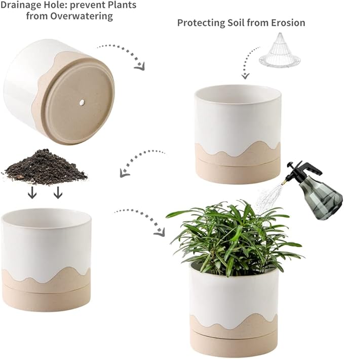 Nihow Ceramic Plant Pot: 6 Inch Planter with Drainage Hole & Saucer for Indoor & Outdoor Plants - Cylinder Round Flower Pot for Succulent/Herbs/Violets - White & Nature