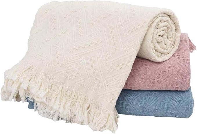Simple&Opulence 100% Cotton Throw Blanket for Bed, Couch, Boho Luxury Geometric Knit Woven Blanket with Tassels Soft Lightweight Cozy Breathable, Vintage Farmhouse Decoration for All-Season(Pink)