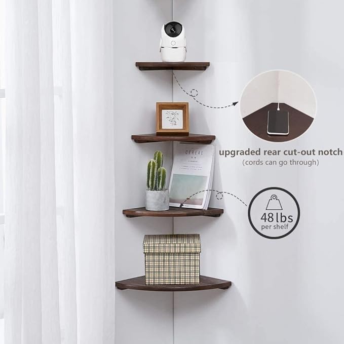 Corner Shelves, Floating Corner Shelf, Set of 2 12inch Solid Oak Wood Corner Wall Shelves, Round End with Wire Hole for Small Plant for Bedroom Kitchen, Living Room