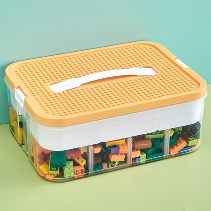 Toys Organizer Storage Case for Lego Box Kids Toy Stackable Building Blocks with Lids Bins Adjustable Lego Storage Containers Plastic Toy Box 1 Layer (Lemon)