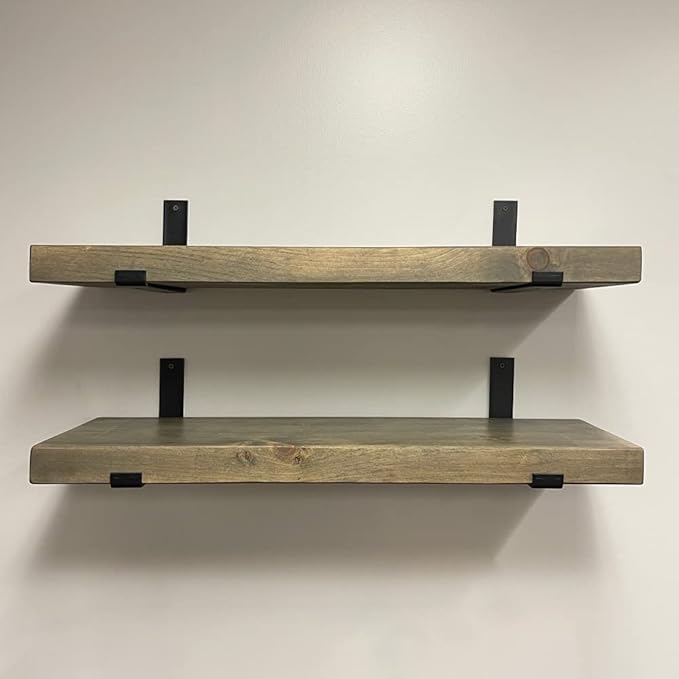 Rustic Shelves with J-Brackets Set of 2, Industrial Shelf, Kitchen Shelves, Solid Wood, Decorative Wall Storage, Heavy Duty, URBANDI (Grey, 36Wx10D)