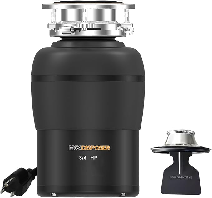 Garbage Disposal 3/4 HP for Kitchen sink Quiet with Stopper Power Cord, Easy install, Continuous Feed Food Waste Disposer Stainless Steel Grind 0.75 Horsepower AC Motor Unit (MAX-4)
