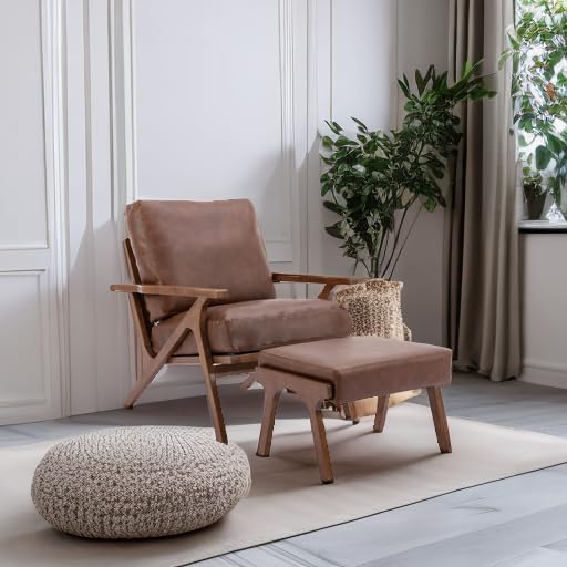 chairus Mid-Century Modern Accent Chair with Ottoman, Faux Leather Armchair with Wood Legs Comfy Upholstered Single Sofa Chair for Living Room/Bedroom/Lounge, Brown