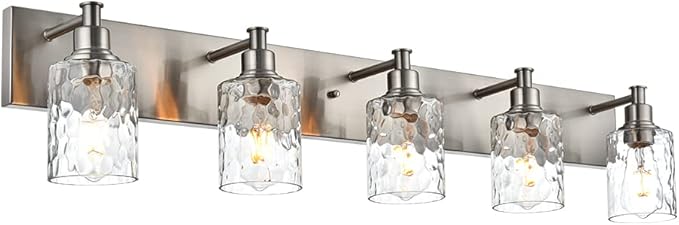 BONLICHT 5 Lights Sconces Wall Lighting Brushed Nickel with Hammered Glass Shade, Industrial Bathroom Light Fixtures Vanity Lights Porch Light Fixtures Classic Metal Wall Mount Lamp Over Mirror