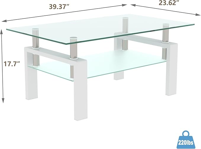 Glass Coffee Table Rectangle White Living Room Center Table, 39inch Transparent Tempered Glass Tabletop and Metal Frame, White + Clear Glass
