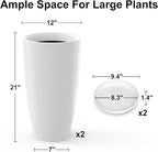 Tall Flower Pot Indoor - Outdoor Plant Pot - White Glossy Planter - Elegant Ceramics Imitation - 12" Diameter 21" Tall with Drainage Holes and Saucer