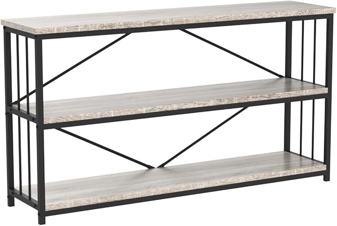 LVB Farmhouse Industrial Console Table, Wood Metal Foyer Entryway Sofa Tables with Storage, 3 Tier Long Rustic Entry Table TV Stand with Shelves for Home Living Room Hallway, Light Grey Oak, 55 Inch