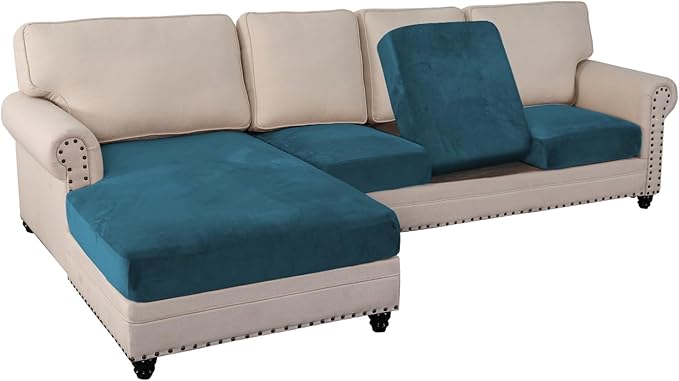 PrinceDeco Sectional Couch Covers 4 Pieces Couch Covers for Sectional Sofa Velvet Separate Sectional Couch Covers L Shape for Left/Right Chaise Sectional Couch(3 Seater + 1 Chaise,Deep Teal)