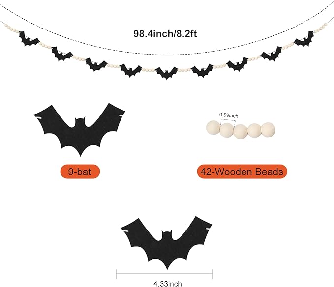 2 Packs Halloween Decorations Garland, Felt Bats Halloween Decor Banner with Wood Beads for Fireplace Mantel Fireplace Home Indoor