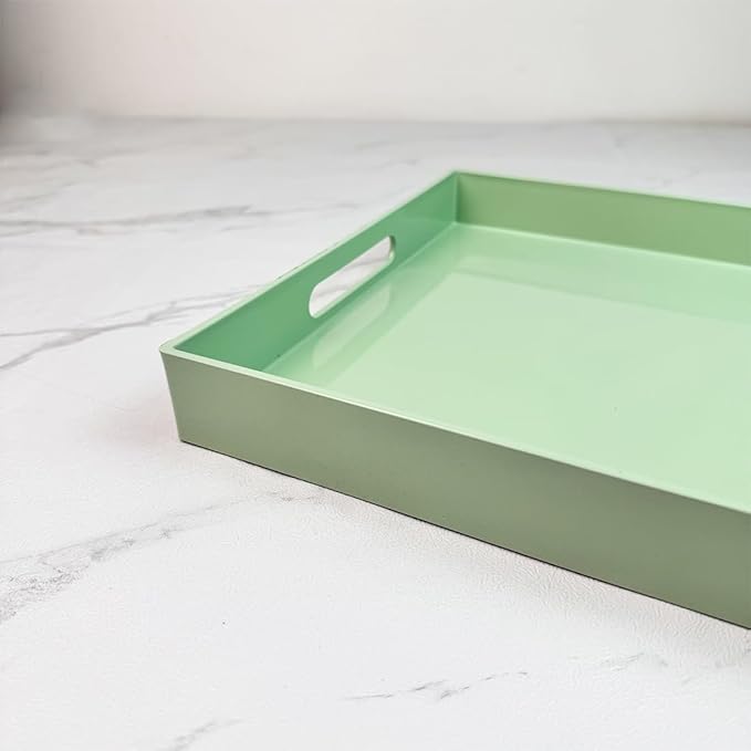 Turquoise Green Decorative Tray, Rectangular Large Serving Tray with Handles, Plastic Coffee Table Tray for Ottoman, Living Room, Kitchen Tabletop,15.7” x 11.8” x1.6”